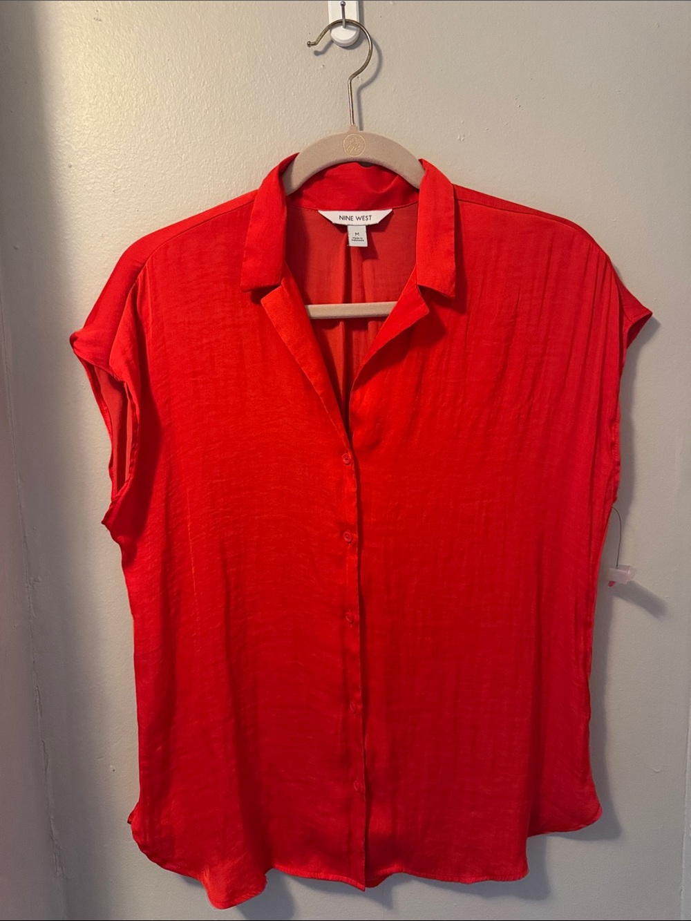 Nine West Bright Red Short Sleeve Button-Down Blouse